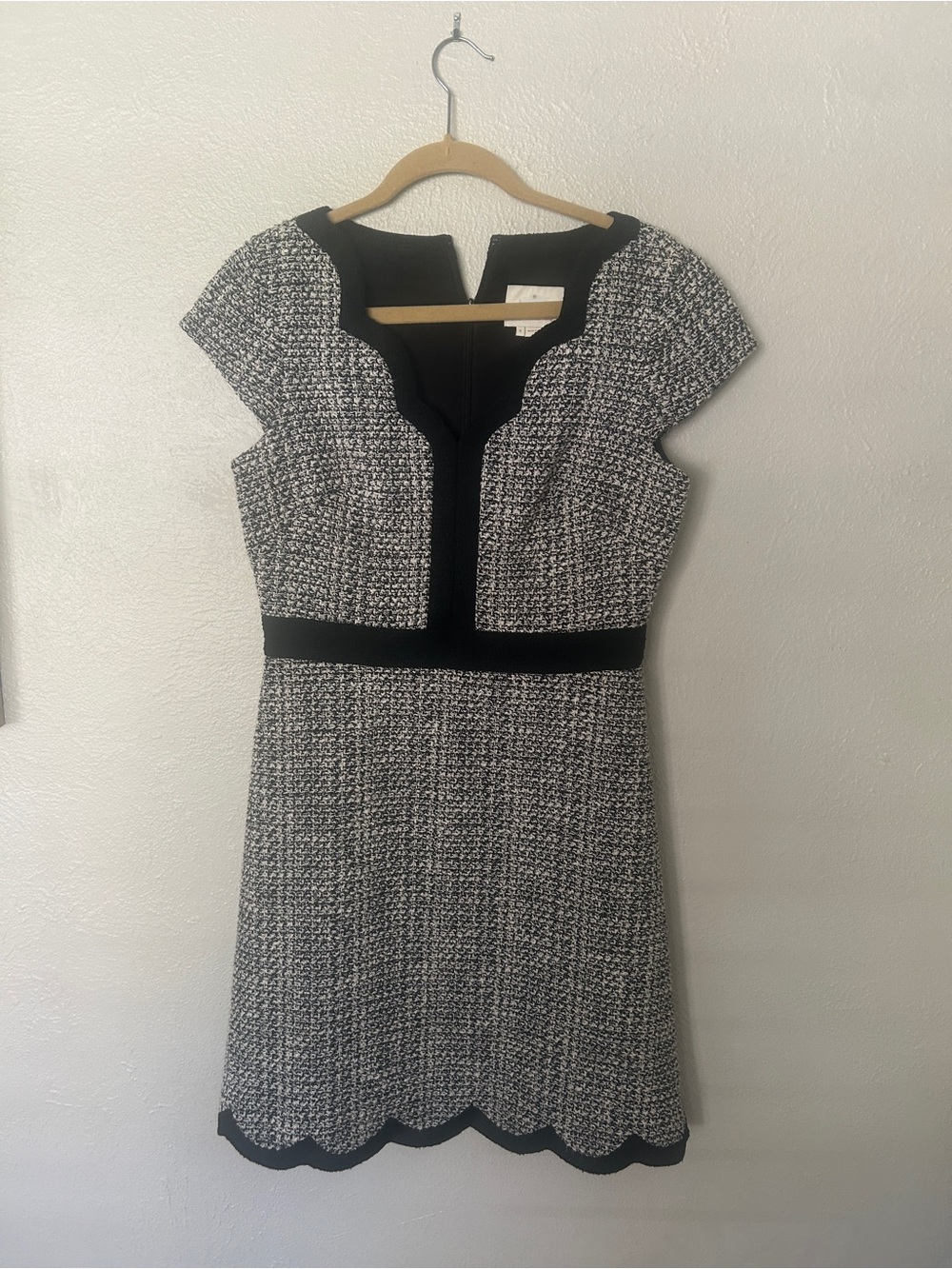 Kate Spade Black and Cream Tweed Scallop-Trim Cap Sleeve Dress - Picture 2 of 7